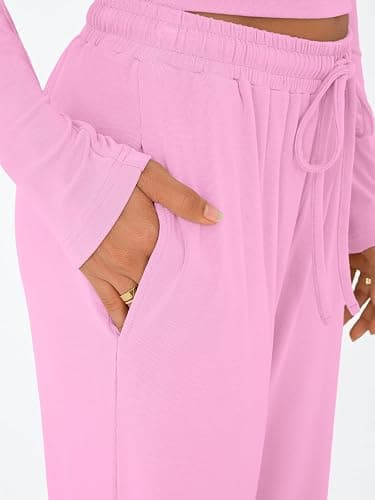 Trendy Queen Women's 2 Piece Matching Lounge Set Long Sleeve Side Ruching Top Wide Leg Drawstring Pants Set with Pockets thumbnail 5