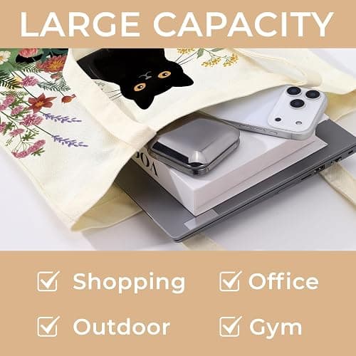 Sukyerios Cute Aesthetic Canvas Tote Bag for Women, Reusable Foldable Shopping Cotton Shoulder Totebag with Zipper Pocket thumbnail 4