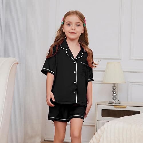 QPANCY Kids Satin Pajamas Sets Baby Boy Girl Button-Down Silk Sleepwear 2 Piece Short Sleeve Loungewear Clothes Set thumbnail 3
