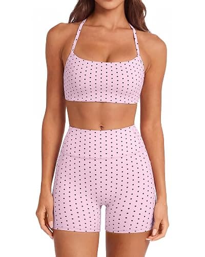 SUUKSESS Women 2 Piece Workout Sets Padded Halter Sports Bras High Waisted Biker Shorts with Pockets - Image 1