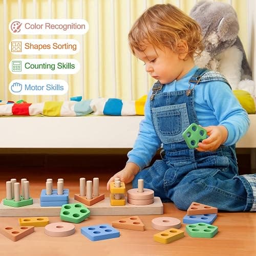 PEBIRA Montessori Toys for 1 2 Year Old, Wooden Sorting and Stacking Toys for Toddlers, Baby Shape Sorter and Color Stacker Blocks for Toddler, Preschool Learning Toy, Gift for 12-18 Month Boys Girls thumbnail 6