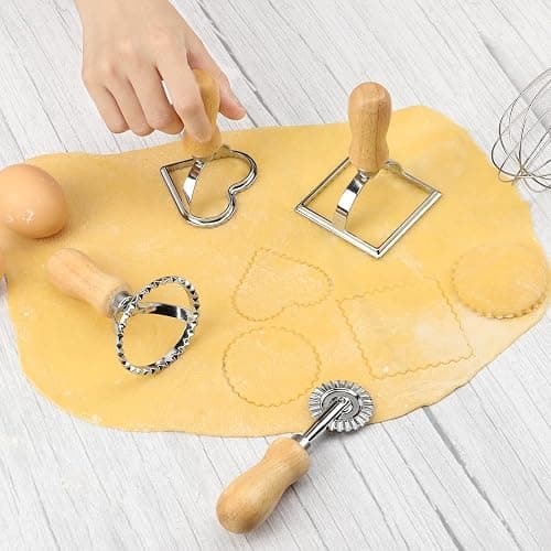 TACGEA Ravioli Stamp Maker Cutter with Roller Wheel (Set of 4), Wooden Handle and Fluted Edge, for Ravioli, Pasta, Dumplings Lasagna, Pierogi thumbnail 5
