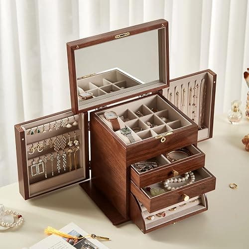 Homruilink Black Walnut Wooden Jewelry Box, Wood Jewelry Organizer with 2 Side Doors Mirror Lockable Classical for Watch Necklace Ring Earring Storage Christmas Gifts-4 Layer with Curved Ring Grooves thumbnail 6