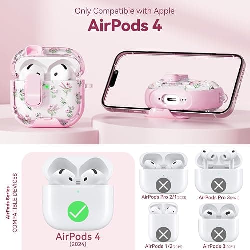 Skyconser with Safety Lock for Apple AirPods 4 Case,Clear Floral Cute AirPod 4th Generation Case with Phone Stand & Cleaning Kit for Women Girly-Pink Narcissus thumbnail 2