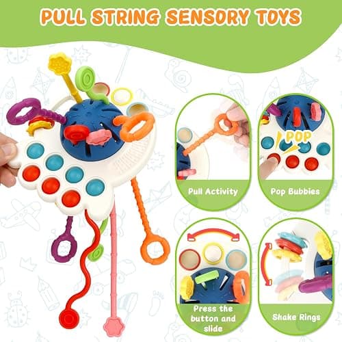 Baby Toys 6-12 Months,5 in 1 Montessori Toys for Babies 6-12 Months,Pull String Infant Teething Toys,Stacking Rings,Color Shape Sensory,Suction Cup Spinner Toys for 6-9-12 to 18 M+ Birthday Gifts thumbnail 3