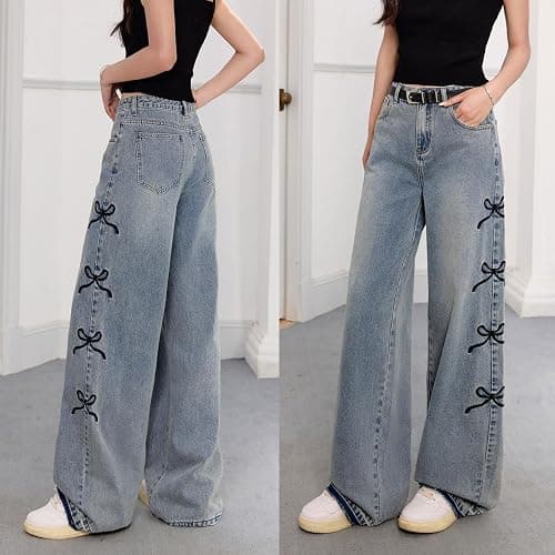 kakarin choyx Fashion Women's Jeans Y2K High Waist Casual Vintage Baggy Straight Cut Cute Bow Embroidered Denim Pants thumbnail 5