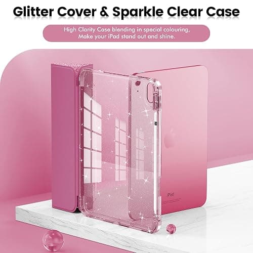 INFILAND Compatible with iPad A16 11th Generation 11 Inch 2025 Case, iPad Case 10th Generation 10.9 Inch, Glitter Cute Cover with Clear Sparkly Back, Pencil Holder, for Kids Girls Woman (Rose Pink) thumbnail 3
