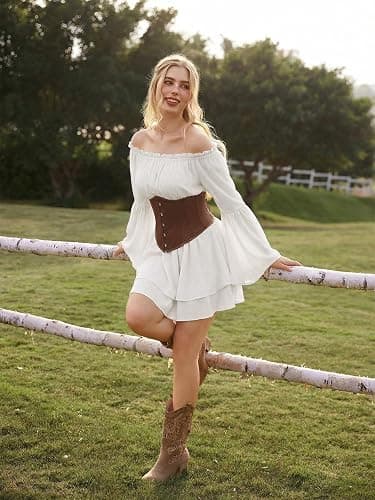 Scarlet Darkness Women Corset Dress Off Shoulder Bell Sleeve Mini Dress | Pockets, Layered Hem, Comfotable Chiffon, for Fairy Goth Ren Fair Vacation thumbnail 8