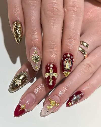 128PCS Gold Nail Charms Set with Rhinestones and Gems, Rose, Hearts, Cross and Virgin Mary - Y2K 3D Shiny Jewelry Nail Decorations Accessories Supplies thumbnail 3