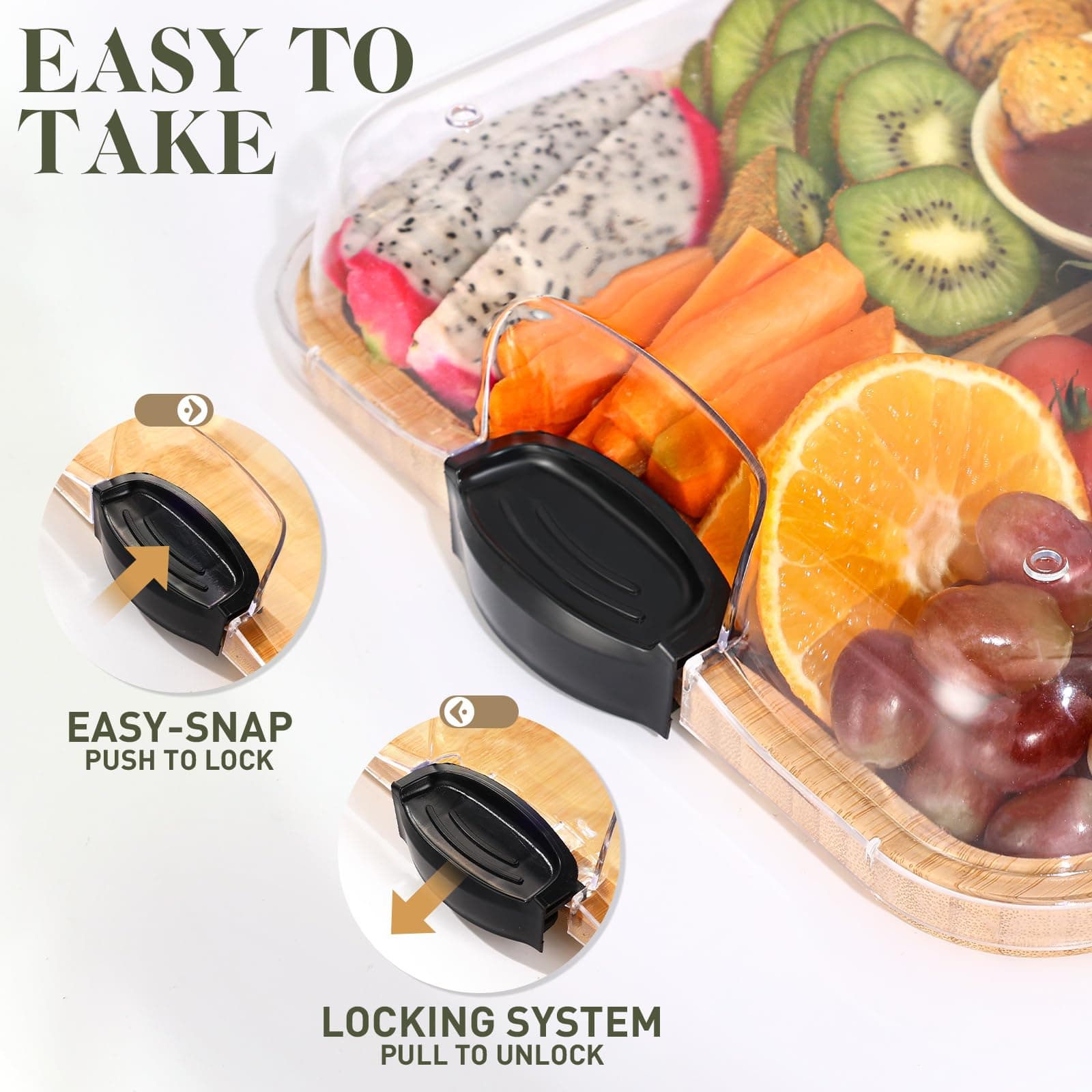 Feshory Premium Charcuterie Board with Clear Locking Lid for Appetizers & Snacks - Cheese Bamboo Board, Serving Tray Ideal for Food Lovers and Parties thumbnail 3