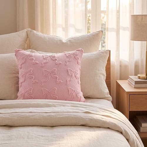 HEIFAM Pink Bow Throw Pillow Covers 18x18in, Pink Throw Pillow Cases Set of 4, White Bow Pillow Covers Decorations Faux Fur Soft, Bowknot Preppy Stuf Pillowcovers for Holiday Sofa Couch Home Decor thumbnail 2