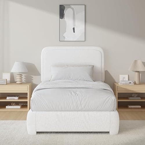 BarnFurin Twin Bed Frames with Headboard,Cloud Boucle Upholstered Platform Bed, Modern Style, Soft Rounded Corners, No Box Spring Needed, Easy Assembly, White thumbnail 3