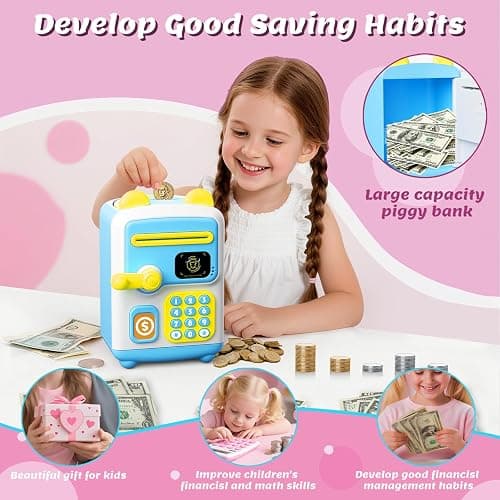 【Upgraded】 Piggy Bank, Face ID Password Unlocking Electronic Kids Bank ATM Security Unlocking Cash Coin Bank Toys Gifts for Kids, Coin Bank for 3 4 5 6 7 8 9 10 11 12 Year Old Boys Girls Blue thumbnail 2