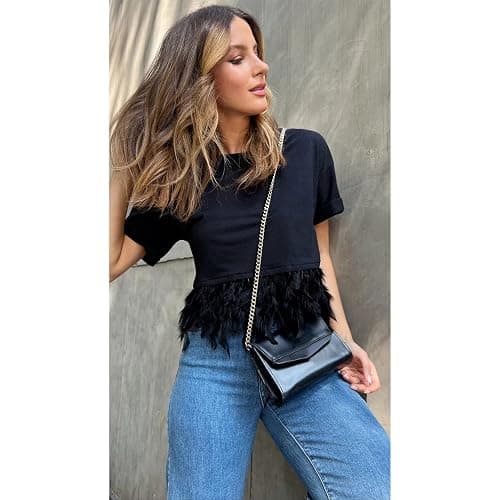 Trendy Feather Hem T Shirts for Women 2025 Cropped Running Cute Loose Fit Tops Summer Feather Trim Tshirt Casual Crop thumbnail 5