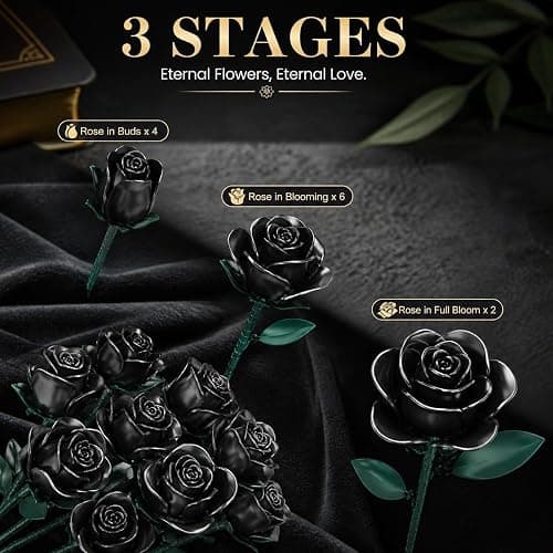 Black Roses Bouquet Building Set, 634Pcs Artificial Rose DIY Floral Home Office Gothic Decor for Adults & Kids Ages 6+, Valentine's Day Christmas Halloween Decor Gifts thumbnail 3