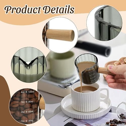 Espresso Cups Set of 2, 4 OZ Espresso Shot Glasses with Wood Handle, V-Shaped Spouts Cups, Ribbed Milk Frothing Pitcher, Glass Measuring Cup, Coffee Espresso Accessories, Demitasse Cups, Small (Gray) thumbnail 4