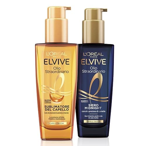 L'Oréal Paris Elvive Kit per Capelli Secchi con Olio Sublimatore del Capello per il Giorno, e Siero Midnight per la Notte, Lucentezza Straordinaria e Nutrimento Intenso, Olio Straordinario - Image 1