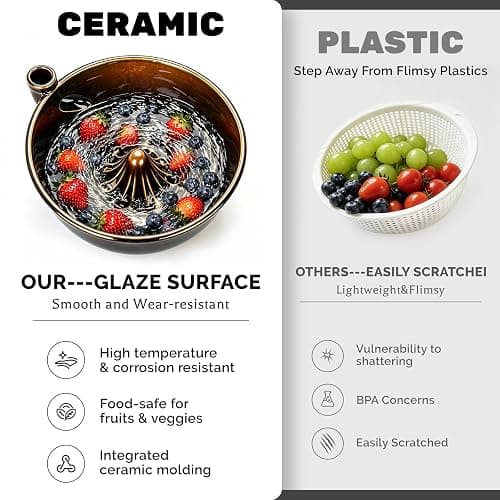 Ceramic Berry Washing Bowl with Auto-Spin Swirl Drainage | Self-Rinsing Fruit Bowl, Multi-Functional Berry Colander for Strawberries, Blueberries, and Grapes thumbnail 6