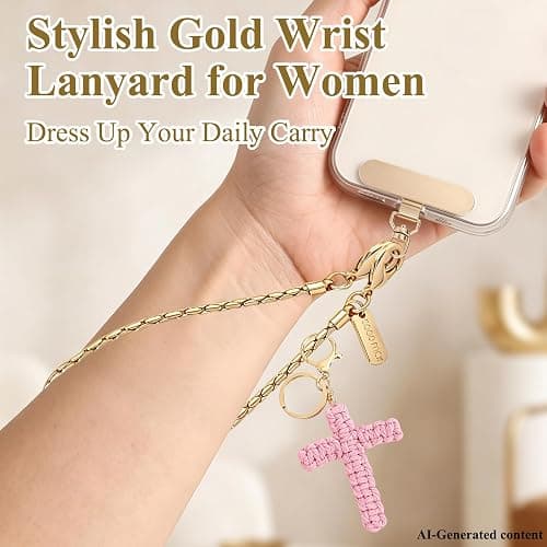 Phone Wrist Strap Gold Metal Chain Wristlet Charms Lanyard for Women | Lightweight anti-drop wrist lanyard, cute charms & keychain, for daily, party, travel, music festival, universal fit with tab thumbnail 2