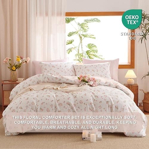 Erwinmu Floral Comforter Set Queen Size Pink Bedding Sets for All Season | Pink White Floral Comforter 3 Pieces,Reversible Queen Bed in a Bag,Flowers Coquette Aesthetic Comforter and 2 Pillowcases thumbnail 5