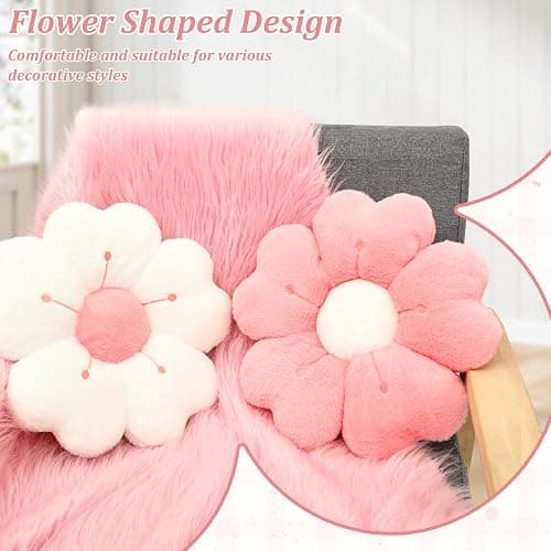 2Pcs Flower Pillow,34cm Plush Thick Flower Cushion White & Pink Aesthetic Daisy Pillow,Soft Fluffy Preppy Cushion Lumbar Suppor Mat Room Decor for Car Home Sofa Chair Bedroom Floor(Pink+White) thumbnail 5