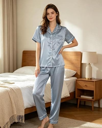 TinyChoice 3 Piece Silk Satin Pajama Set for Women Soft Button Down Pjs | Cozy Night Rest, Group Sleepover Attire, Private Home Lounge, Mom Holiday Present, Sleepover Party Wear thumbnail 3