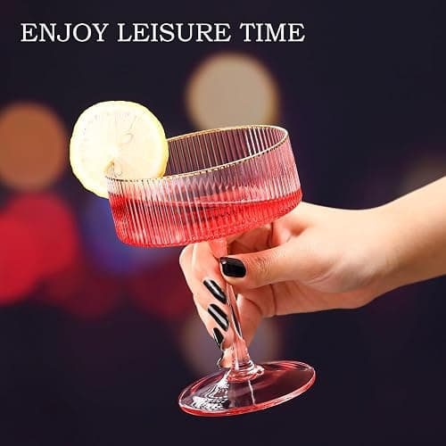 comfit Pink Martini Glasses Set of 4 with Golden Rim,10Oz Ribbed Colored Cocktail Glassware,Vintage Pink Couple Glasses, Elegant Bar Glassware for Martinis,Champagne,Wine（Gold Mixing Spoon Included） thumbnail 7