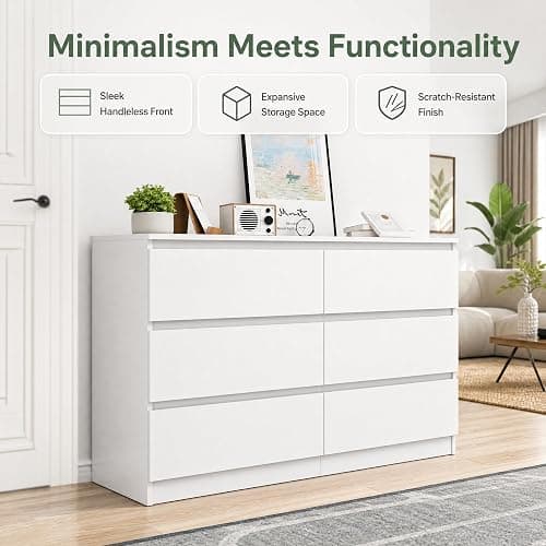 CIPACHO White 6 Drawer Dresser for Bedroom,Modern Deep Drawer Dresser with No-Handle Design,Wide Storage Chest of Drawers,Wood Bedroom Storage Organizer Furniture for Closet,Hallway thumbnail 6