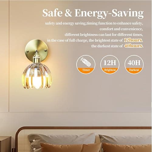 GEEZO Vintage Battery Operated Wall Sconce, with Rechargeable Battery Powered Wall Light with Remote Control for Bedside Bedroom thumbnail 3