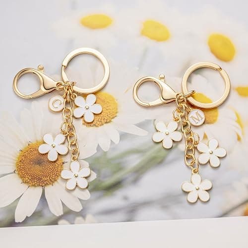 SELOVO Initial Keychain White/Pink/Black Cute Keychain Girl Purse Charms for Handbag Cute Letter Flower Keyring for Backpack thumbnail 4