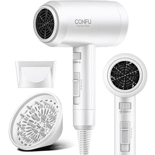 Hair Dryer with Diffuser, CONFU Blow Dryer for Curly Hair for Women Men, 21000PRM Travel Hair Dryer, Portable Lightweight Fast Drying Negative Ion Hairdryer for Home & Travel - Image 1