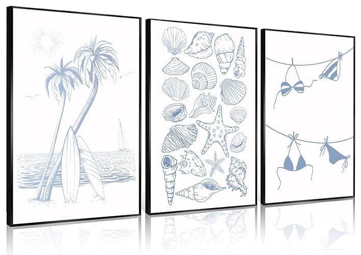 Trendy Coastal Wall Art Set of 3 Blue Seashell Bikini Coquette Posters Prints Coastal Granddaughter Beach House Preppy Aesthetic Wall Decor Pictures for Girly Bedroom Dorm Apartment Unframed 12x16in - Coastal - 16L" x 12W"poster