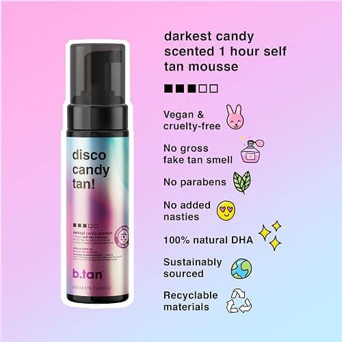 b.tan Dark Self Tanner Mousse | Disco Candy Tan - Best, 1 Hour Express Sunless Tanning Foam, Candy-Scented, Sweat-Proof & Transfer Resistant, No Fake Tan Smell, Vegan, Cruelty Free, 6.7 Fl Oz - disco candy tan thumbnail 3