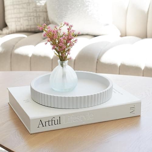 Decorative Concrete Tray & Book Decor Set - Scalloped Tray & Linen Box Enhance Your Coffee Table or Bookshelf Decor - Stylish Home Decoration for Your Living or Dining Room & as a Housewarming Gift thumbnail 4