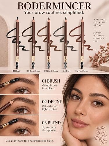 BODERMINCER Eyebrow Pencil Waterproof Long Lasting Brow Definer Pencil with Spoolie Brush, Smudge-Proof Natural Look Eyebrow Makeup Pen, 5 Colors Available (2# Dark Brown) thumbnail 7