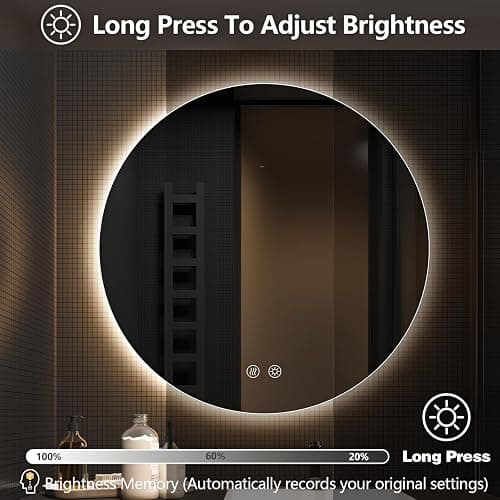 Niccy Round Led Mirror for Bathroom, 32" Circle Frameless Backlit Mirror wiht Light, Anti-Fog, 3 Colors, Waterproof, Memory Function thumbnail 3