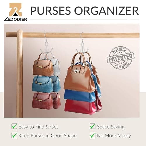 ZEDODIER Purse Organizer for Closet, 2 Pack Purse Hanger with 12 Hooks, Space Saving Handbag Organizer Bag Holder Backpack Rack Holds Multiple Purses, Metal Closet Organizers and Storage, Silver thumbnail 3
