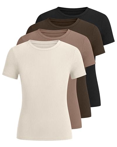 Oakgarden 4 Pack Girls T Shirts 5-14 Years Short Sleeve Ribbed Tops Crew Neck Slim Fit Summer Casual Cute Basic Tees for Kids thumbnail 3