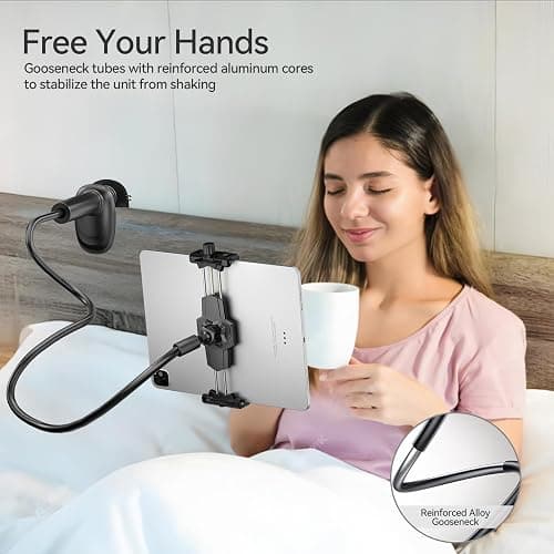 KDD Gooseneck Tablet Stand, 360° Adjustable Phone & iPad Holder for Bed and Desk, Flexible Arm Mount Clip for Video Recording, Bedside & Headboard Clamp for iPad Pro 12.9, Mini, Switch thumbnail 3
