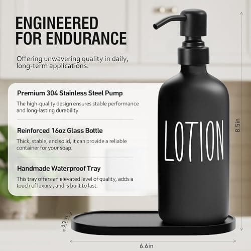 MOMEEMO Glass Soap Dispenser with Stainless Steel Pump, Contains Lotion Dispenser, Hand Soap Dispenser & Tray. (Black & White) thumbnail 3