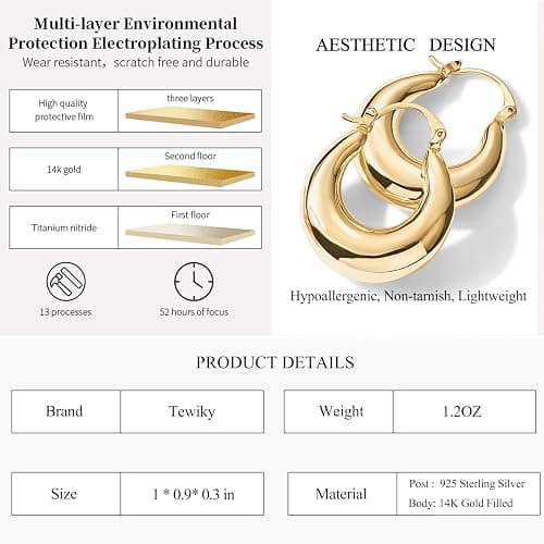 Chunky Gold Hoop Earrings for Women, 14k Gold Plated Thick Triple Hoop Earrings Hypoallergenic Trendy Chunky Gold Hoops Earrings Dainty Jewelry Gifts for Women thumbnail 5