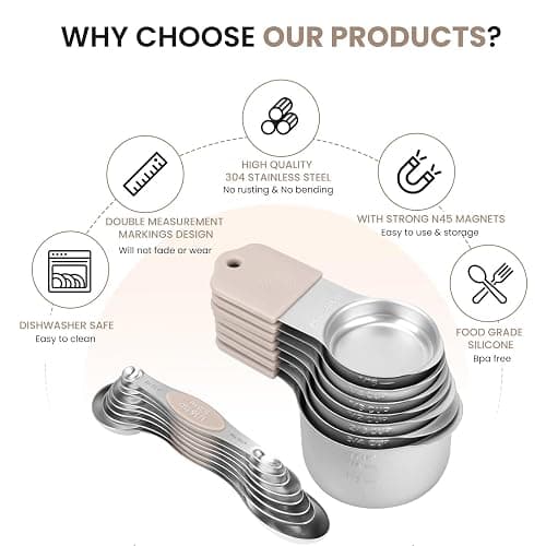 Magnetic Measuring Cups and Spoons Set-Heavy Duty 304 Stainless Steel | Double Measurement Markings,BPA-Free,Set of 16 with Leveler for Measuring Dry and Liquid Ingredients(Khaki) thumbnail 3