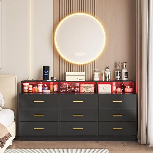 knoworld Black 9 Drawer Dressers for Bedroom, Modern Large Dresser with LED Light and Power Outlet, Wooden Long Dresser, Triple Dresser for Bedroom, Living Room, Entryway, Hallway thumbnail 8