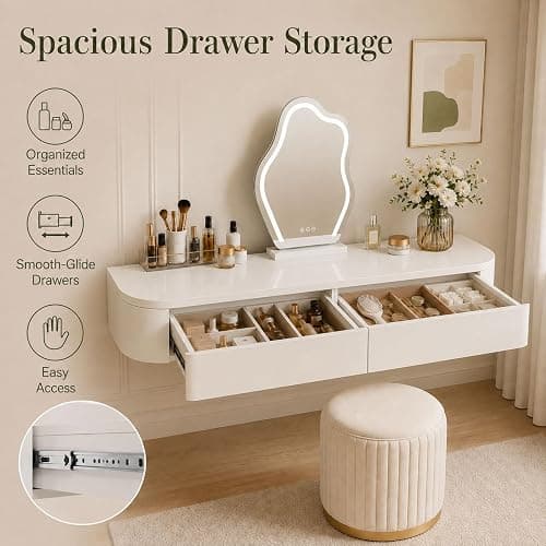Floating Vanity Desk with Drawers Wall Mounted Makeup Table Space Saving | Fully Assembled with Spacious Storage Drawers, Smooth Glide Operation and Easy Clean Surface(Ivory,23.6") thumbnail 4