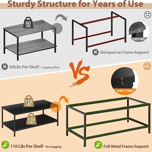 SUPER DEAL 2-Tier Coffee Table with Storage Shelf for Small Apartment Living Room, Rectangle Wood and Stable Metal TV Stand Side End Table, Black thumbnail 6