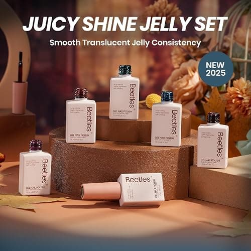 Beetles Jelly Gel Nail Polish Set - 6 Colors Mocha Brown Burgundy Red Purple Green Blue Fall Gel Polish Kit Sheer Translucent Effect Soak Off UV Midnight Syrup Nail Art Manicure Gift for Women thumbnail 7