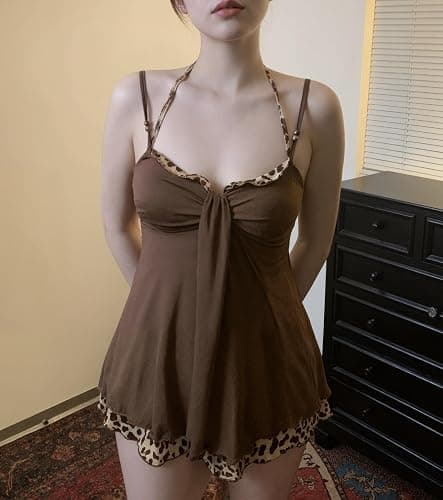 IDEWO Grunge Leopard Print Tank Top Spaghetti Strap Camisole Top Sleeveless V Neck Slim Fit Clothes Vintage Going Outfits thumbnail 3