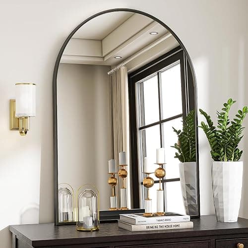 VooBang Arched Wall Mirror, 30 x 38 inch Arch Bathroom Mirror, Wall Mounted Vanity Mirror with Arch Metal Frame, Modern Bathroom Vanity Mirror for Bedroom, Living Room, Hanging or Leaning, Black - Image 1