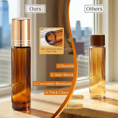 PrettyCare 60 Pack, 10 ml Essential Oil Roller Bottles with Stainless Steel Roller Ball - Bulk Refillable Leak-proof Empty Thick Amber Glass Roll on Bottles with Metal Caps for Travel, Perfume thumbnail 4