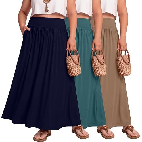 Ficerd 3 Pack Plus Size Maxi Skirts for Curvy Women Pockets Casual 2026 Boho Summer Flowy Long Skirt a Line High Waist Dress - Image 1